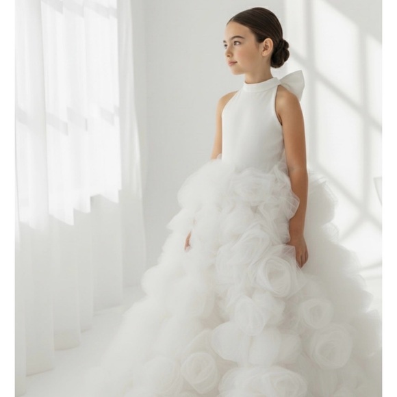 White Tulle Floral Ball Gown Flower Girl Dress